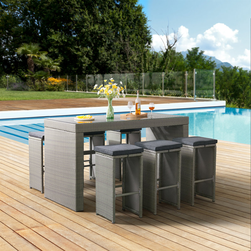 Asti All-Weather Wicker 7-Piece Set Outdoor Dining Set with 40"H Tall Pub Table with Glass Top and Six 30"H Pub Stools