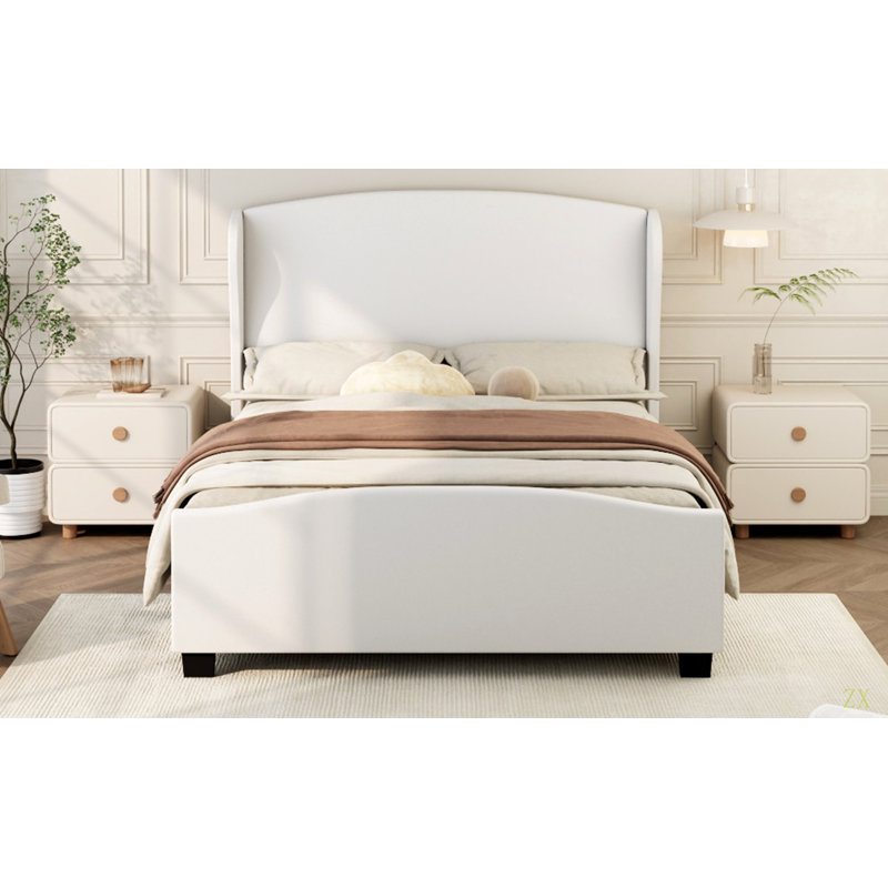 Grand lit tapissier en lin à tête de lit de 51 po de hauteur avec sommier tapissier