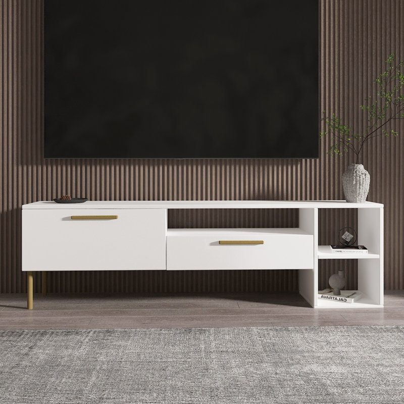 Meuble télé moderne blanc et or 59,1 po x 18,5 po x 13,8 po | 100% panneau de particules enduit de mélamine, épaisseur: 0,7 pouce | Comprend de nombreuses tablettes et une conception murale | Élégant et fonctionnel pour le salon