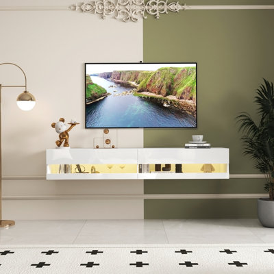 Wall Mounted Floating TV Stand with LED Lights and Charging Station, Ideal for Organizing Entertainment Area and Enhancing Ambiance