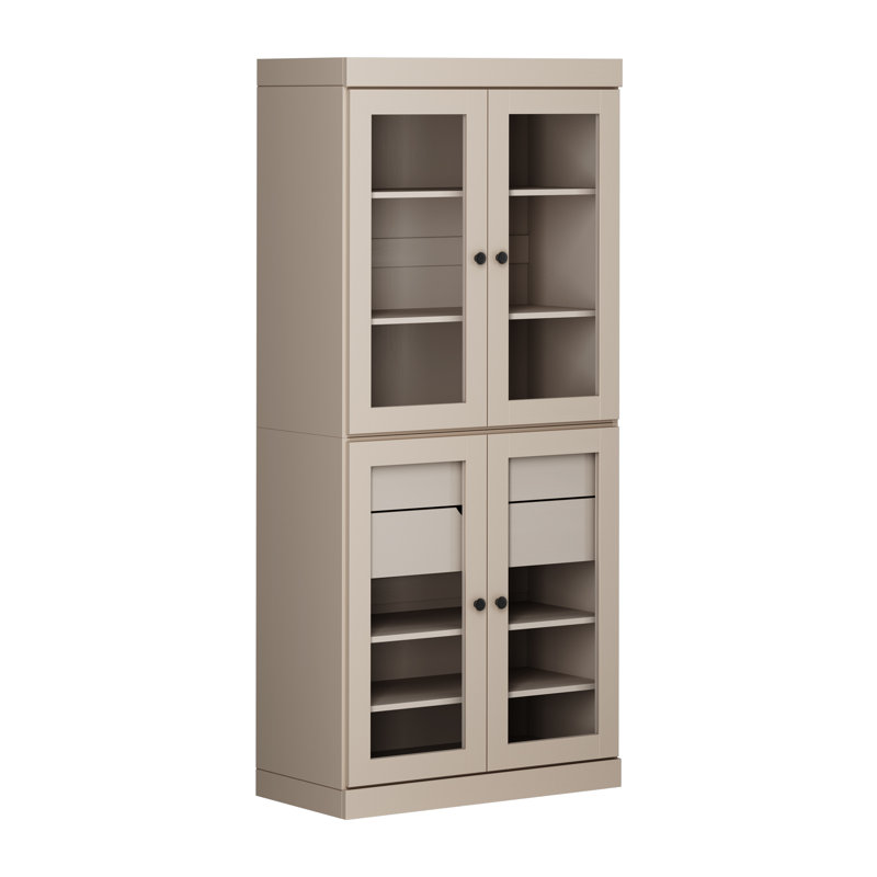 Garde-manger 100% bois massif Kaniesha 32 po avec portes en verre transparent, 2 tiroirs et tablettes réglables, Beige