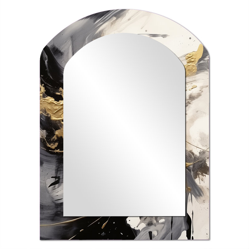 Gold and Grey Fluid Fusion IV - Abstract Asymmetrical Mirror, Gold Arch Unique Wall Mirror, Printed Metal Art, 34'' x 25''