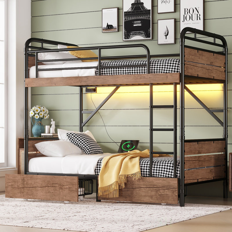 Twin XL Over Twin XL Metal Bunk Bed With LED Light, Charge Station, And Two Storage Drawers For Modern Bedrooms