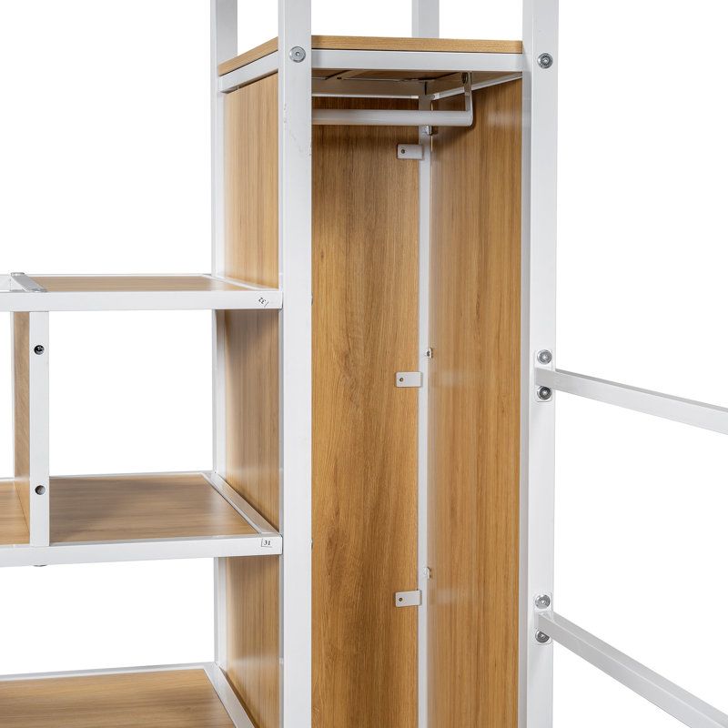 Lit mezzanine en métal avec poste de travail intégré, garde-robe, escalier de rangement et DEL, Blanc, Lit simple