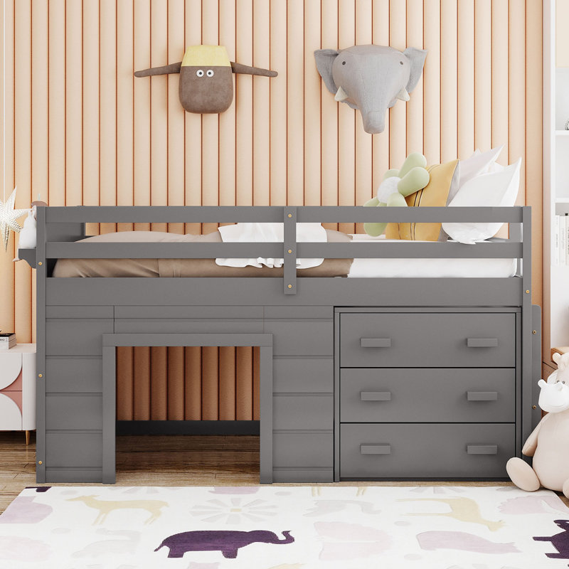 Lit mezzanine avec armoire et tablette, Gris
