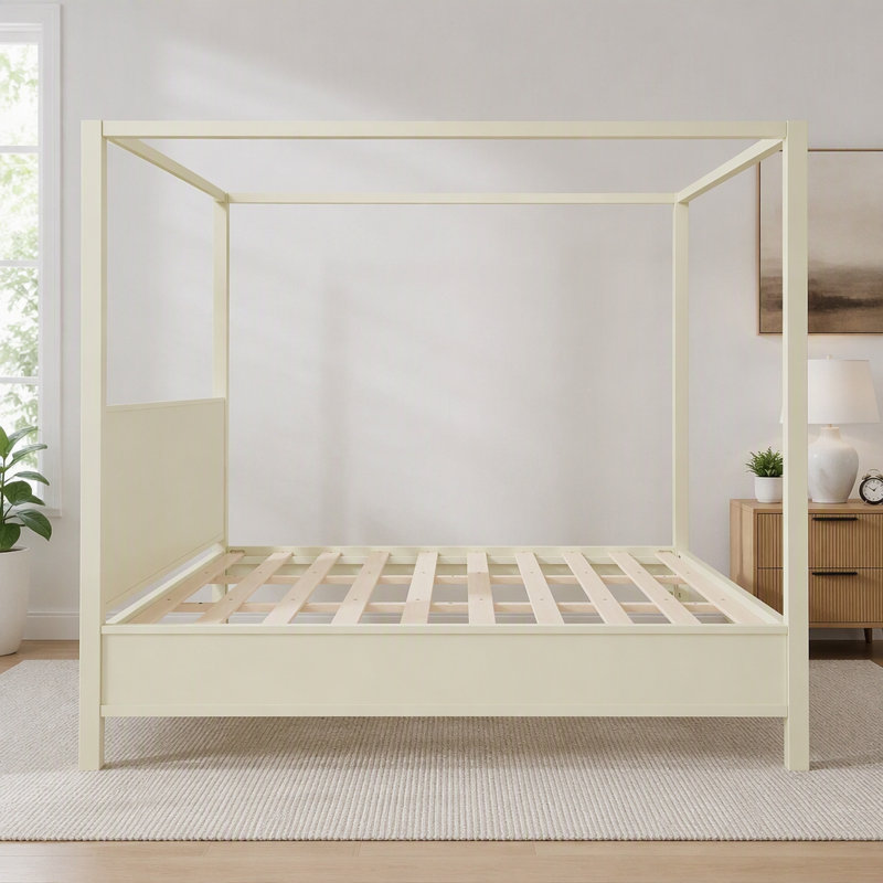 Lit plateforme à baldaquin en bois avec lattes de support, Très grand lit, Beige