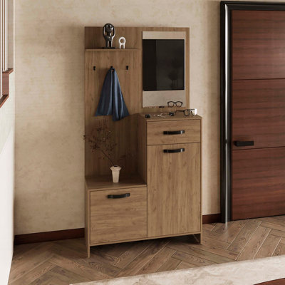 Hall d'arbre en miroir 75 "avec cintres, tablettes et armoires Parker - Rangement pour entrée, chêne clair