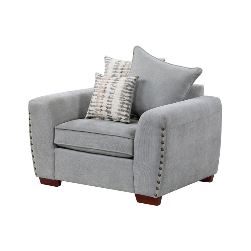 Gini Accent Chair with 3 Accent Pillows, Nailhead Trim, Gray Chenille