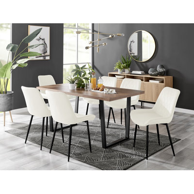 Kylooe Modern Sleigh Style Dining Table Set With 6 Luxury Quilted Velvet Dining Chairs