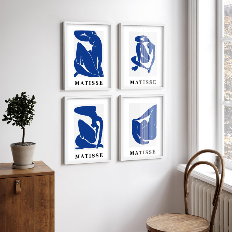 "Matisse d'inspiration bleue, personnages abstraits et décorations modernes", 4 pièces, Blanc, H 10 po x l 8 po