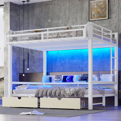 Queen over Queen Metal Bunk Bed with Storage Shelves & Drawers, USB Ports, LED Lights & Convertible Sofa – White