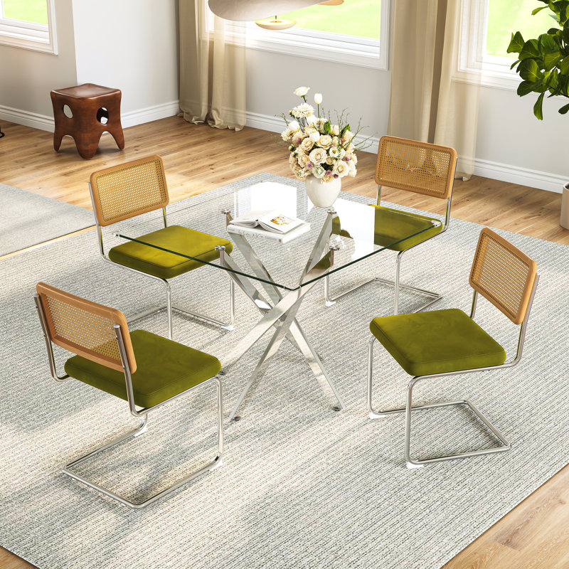 36" Square Glass Dining Set For 4, Cross-Leg Stainless Steel Base, Featuring 4 Cantilever Rattan Chairs In Mid-Century Modern Style