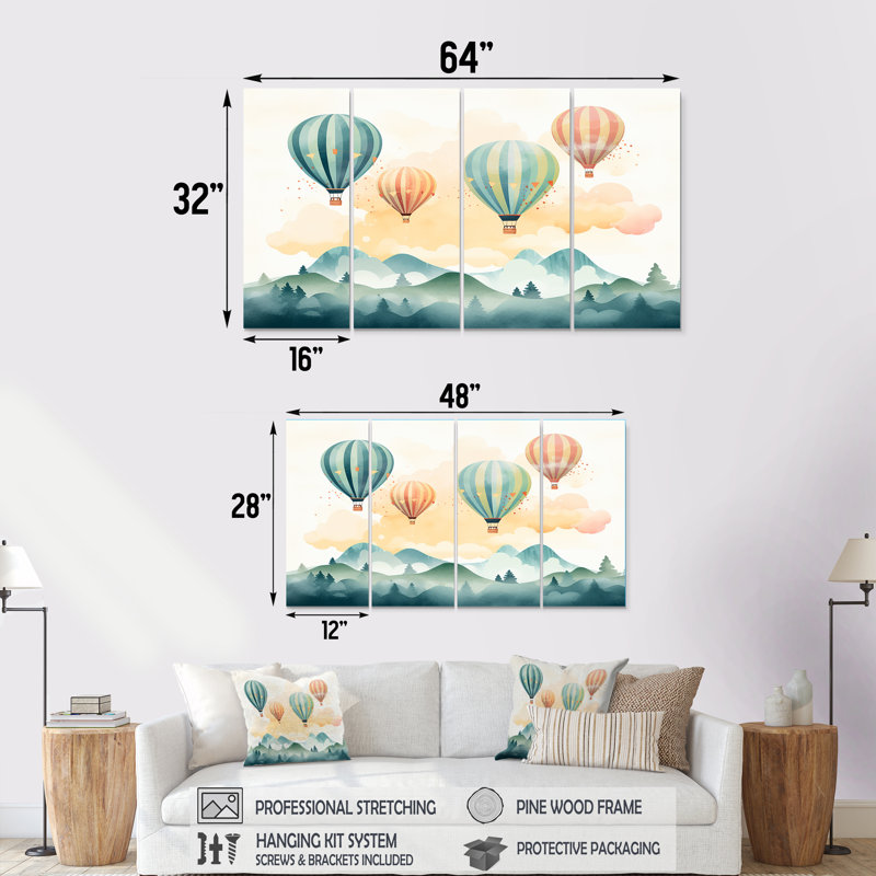 Vert et rouge, aquarelle, montgolfière, horizon 4 - montgolfière, toile d'art murale, H 32 po x l 64 po