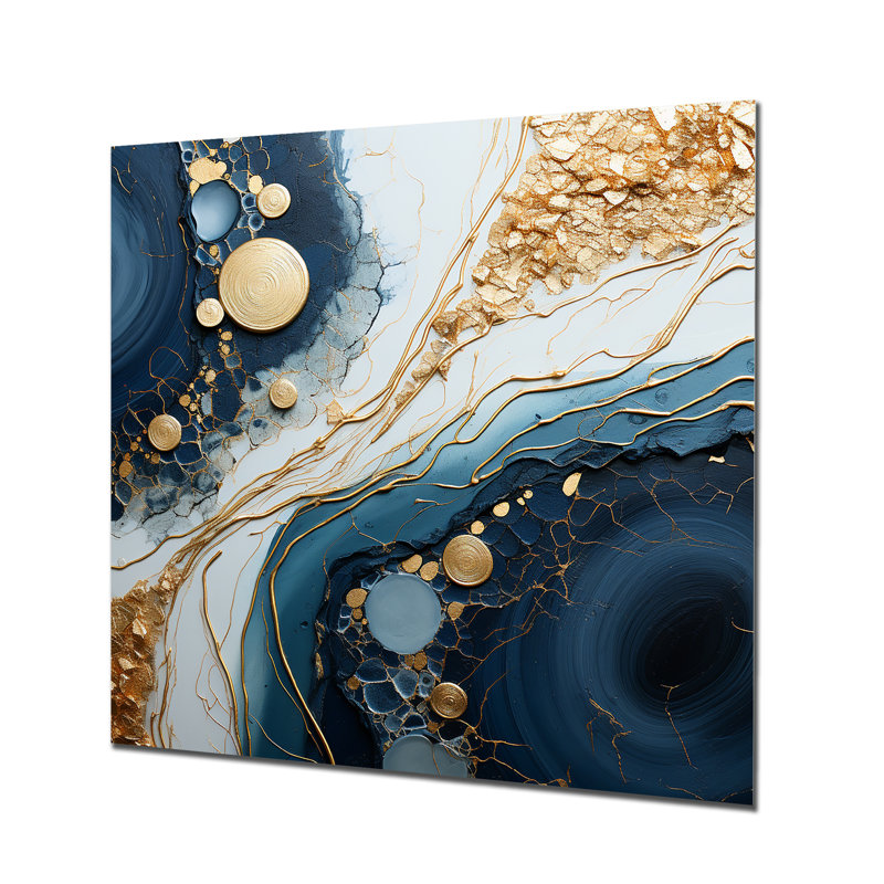 «Blue and Gold Marble River I» - art mural abstrait à l'encre liquide en métal, H 36 po x l 36 po