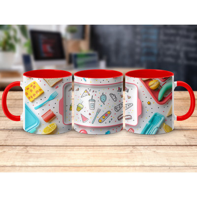 Kids Drawing Style 11oz Accent Mugs – Ceramic Coffee Cup with a Red Handle and Interior