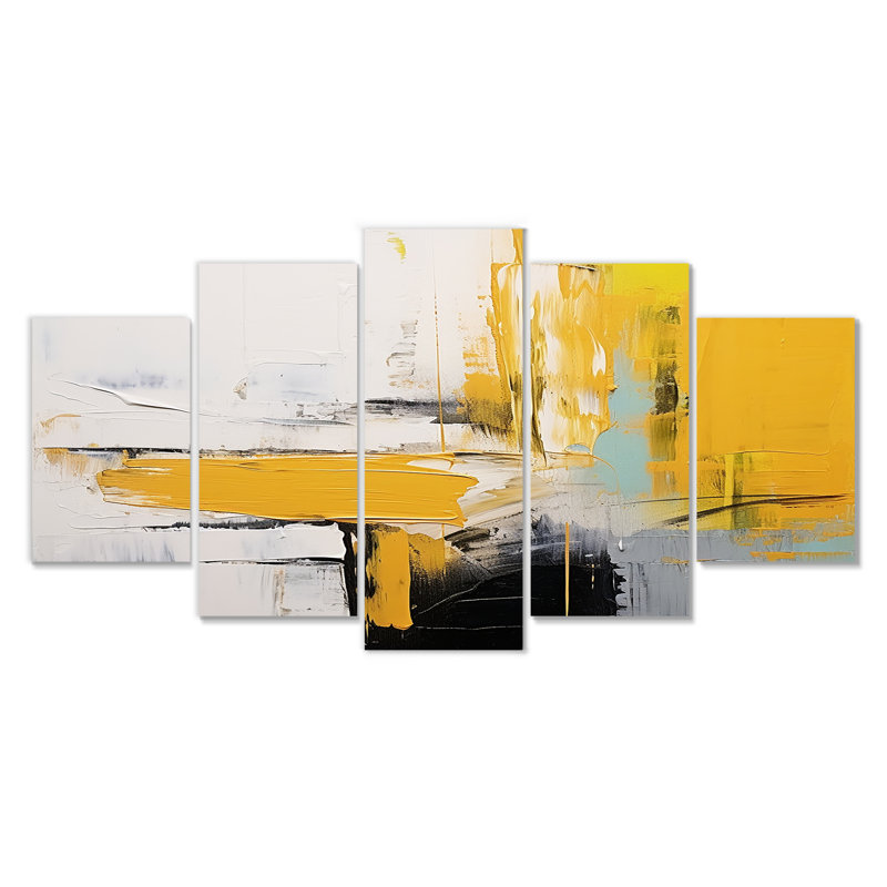 Voile de moutarde jaune - art mural abstrait 5 pièces, H 32 po x l 60 po
