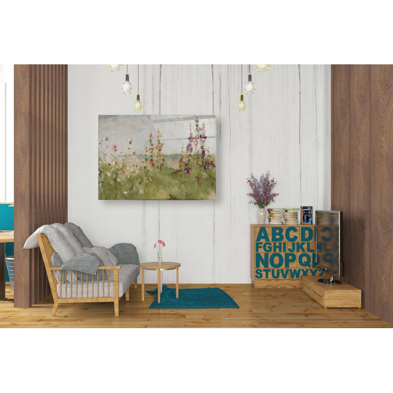 «Hollyhocks by the Sea» par Cheri Blum, art mural en verre acrylique, H 24 po x l 36 po x P 0,2 po