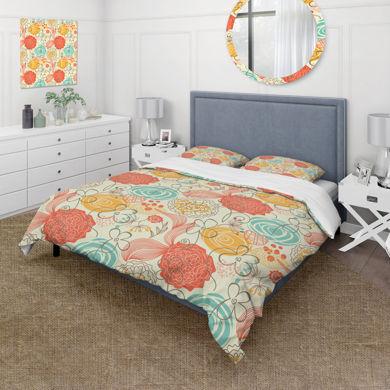 Orange And Blue Retro Flowers - Mid-Century Modern Duvet Cover Set - Microfiber Polyester, Twin Duvet Cover + 1 Standard Sham