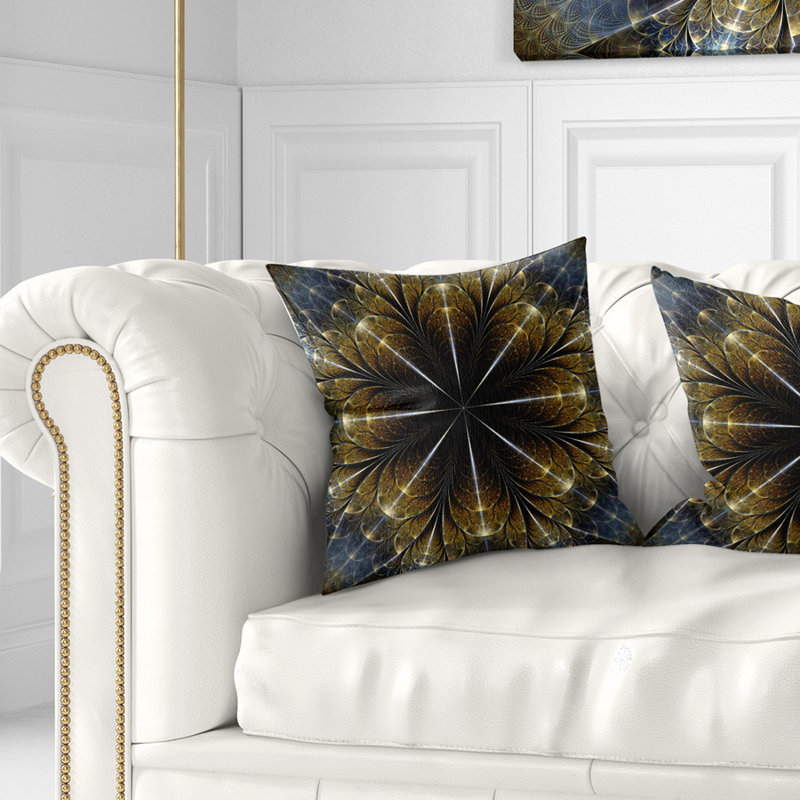 Fleur symétrique or fractale - coussin imprimé abstrait, 16 po x 16 po, Coussin décoratif