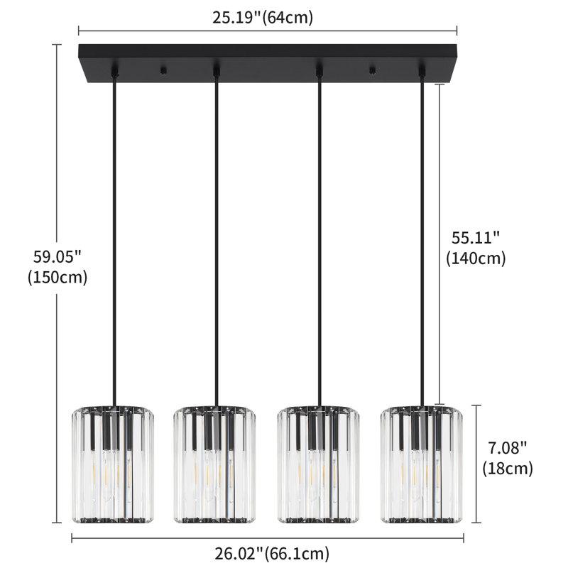Bette 4 - Light Modern Kitchen Island Crystal Pendant With Adjustable Height, Black