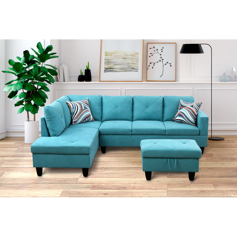 Stotfold Upholstered L-Shaped Sectional Right Hand Facing, Turquoise Microfiber/Microsuede, Left Hand Facing