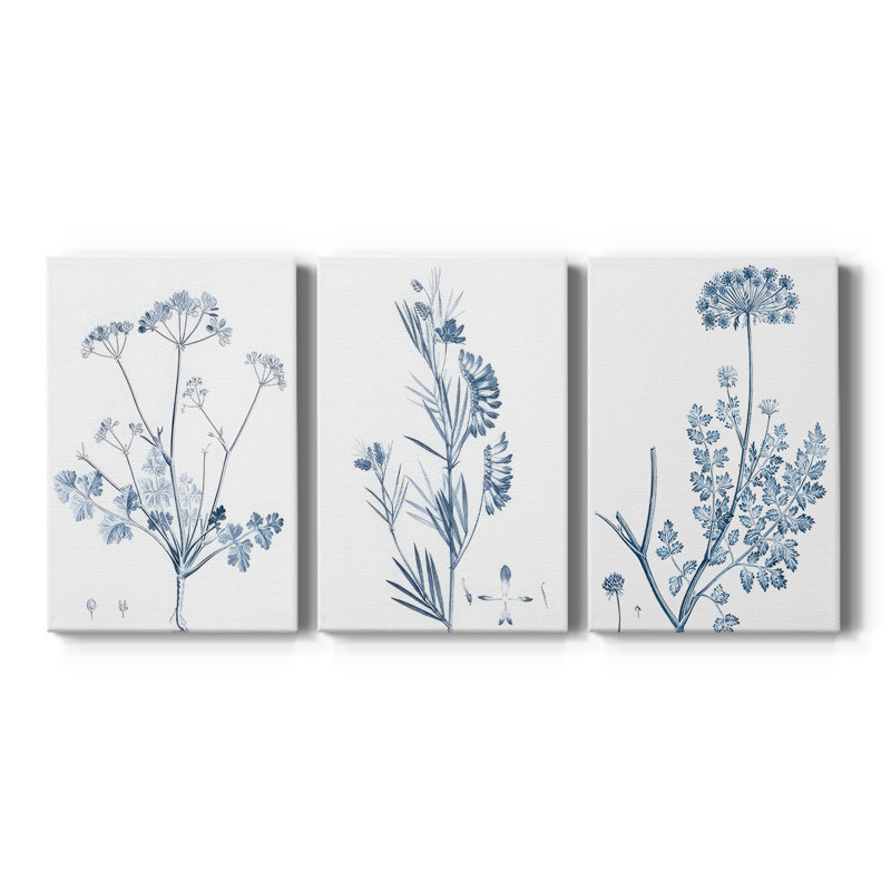 Antique Botanical in Blue IV - Toile tendue avec châssis sur mesure - 3 pièces, H 60 po x l 120 po