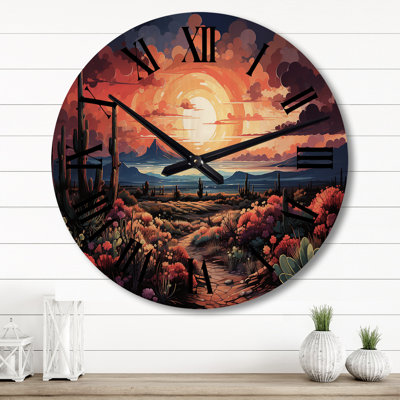 Amry Western Desert Serenade Pointillism Landscape II - Western Oversized Wood Wall Clock