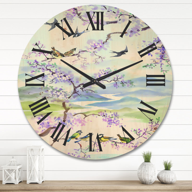 Horloge murale oiseaux sur branche de cerisier, Très grand