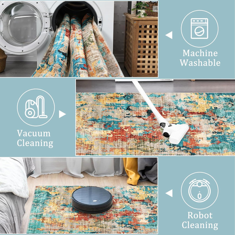 Area Rug, Modern Abstract, Washable, Non-Slip, Thin Soft Large Area Rug for Living Room, Bedroom, Dining Room, Blue.
