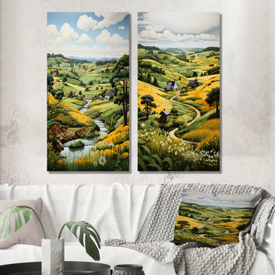 "Paysage de campagne vert et jaune" - 2 pièces sur toile