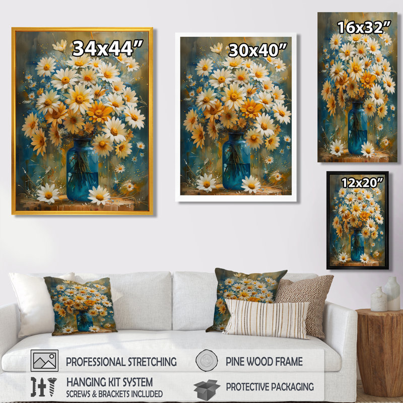 Bleu et blanc, nature morte, fleurs dans un vase II - marguerites, art mural, Cadre flottant noir, H 32 po x l 16 po x P 1 po