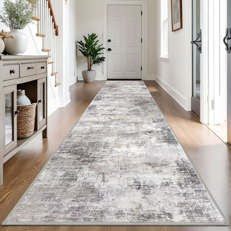 Tapis de chambre antidérapants lavables avec envers en caoutchouc, Ash Grey/Beige, Tapis de couloir 3 pi x 14 pi