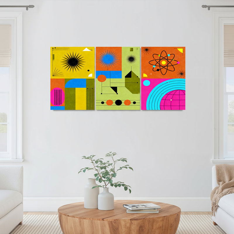 Ensemble de 3 toiles murales imprimées, formes géométriques abstraites et design atomique, H 36 po x l 72 po