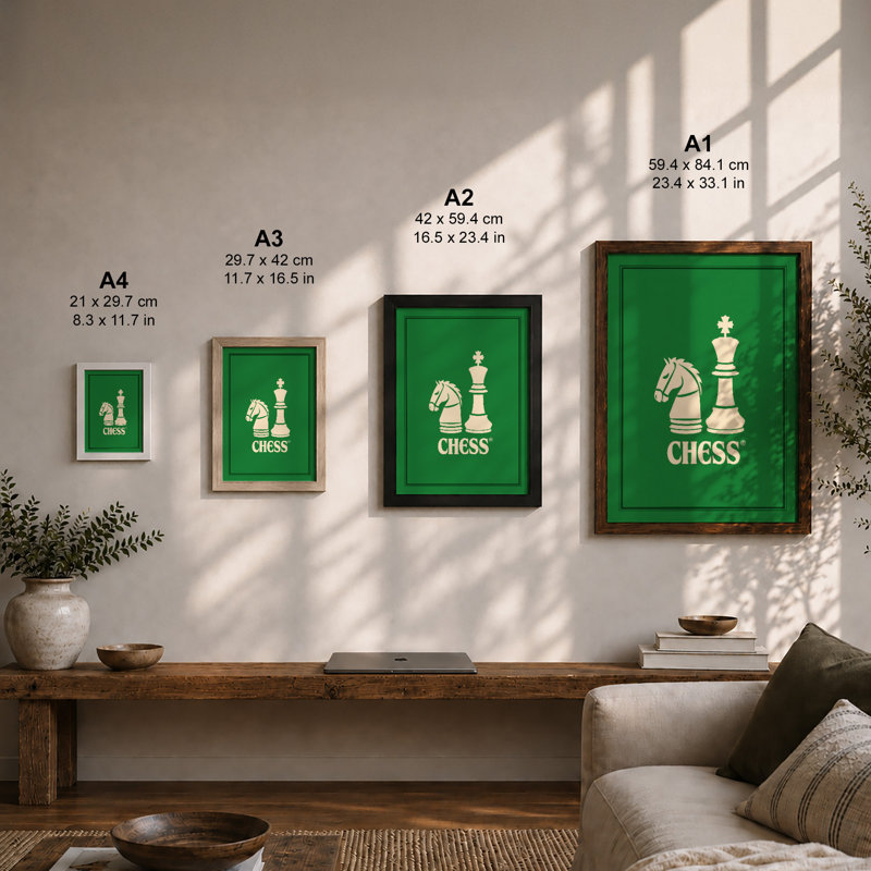 Chess in Green Geometric - Framed Print, A2 - 59.4 x 42.0 cm, Oak