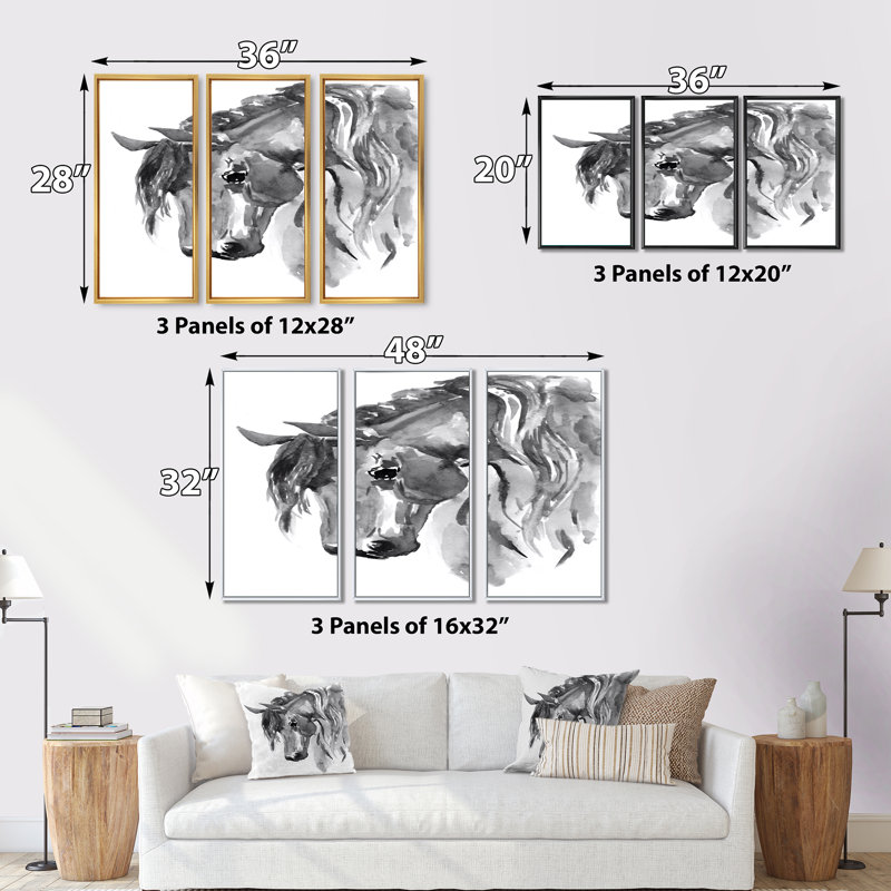 Portrait de cheval noir et blanc I - ensemble d'art mural sur toile traditionnel encadré de 3, Blanc