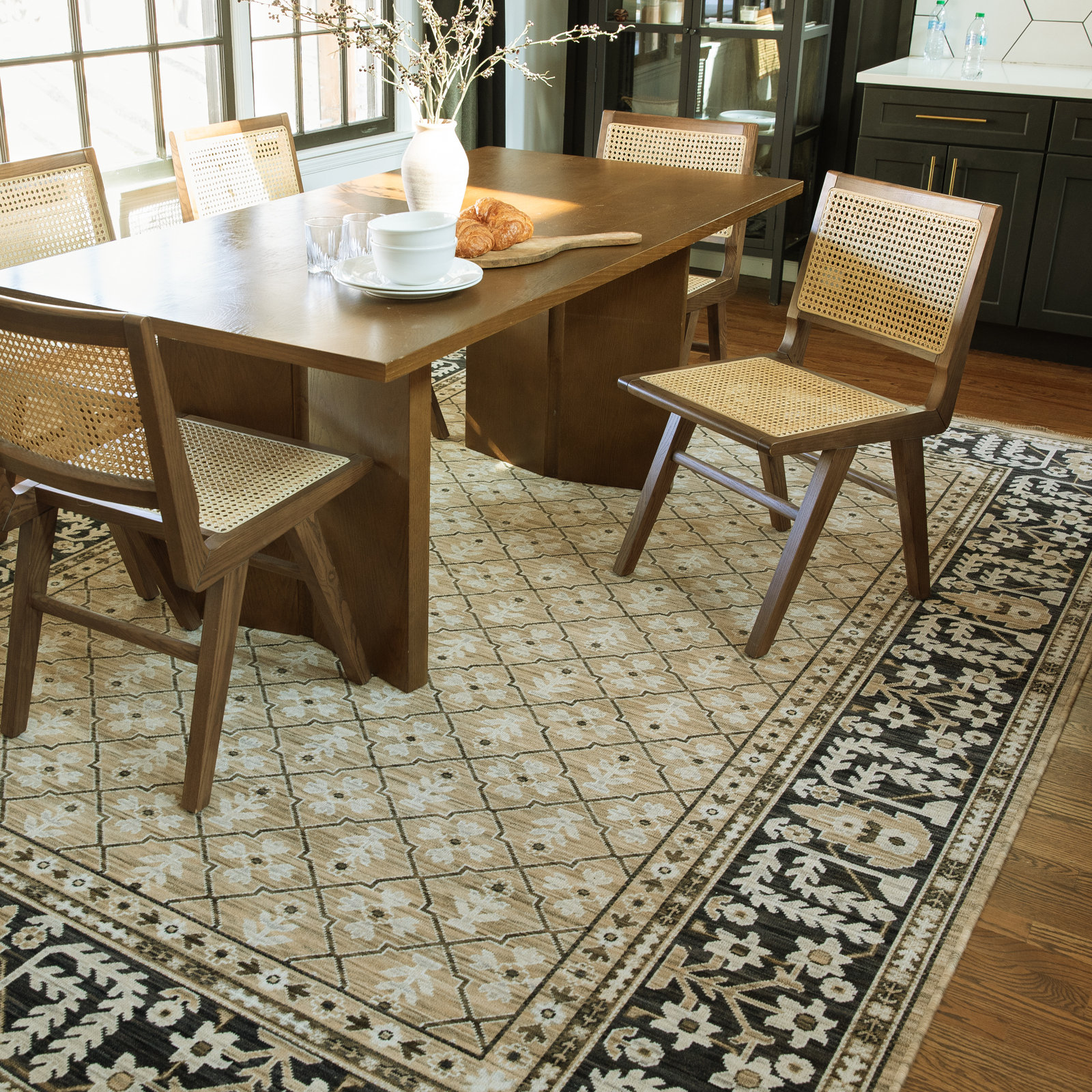 Abena Tan Charcoal Vintage Oriental Wool Rug, Rectangle 6'7" x 9'6"
