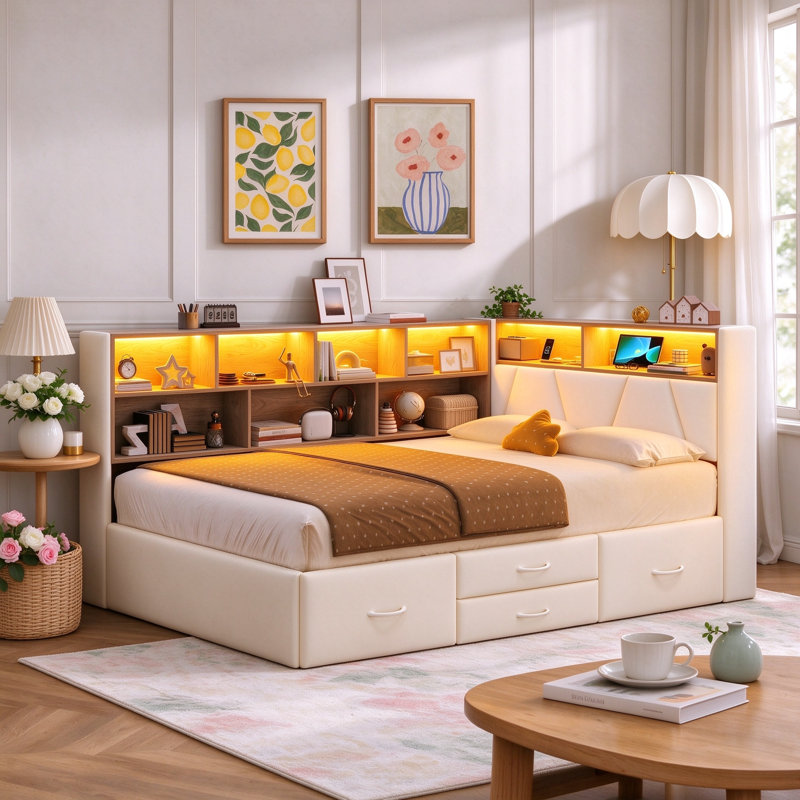 Upholstered Daybed with Storage, Beige