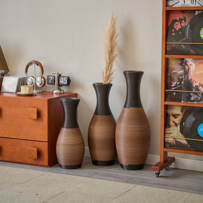 Ensemble de 3 vases de sol en rotin en PVC tressé à la main, vases décoratifs à rayures grises, brunes et beiges pour salon et entrée