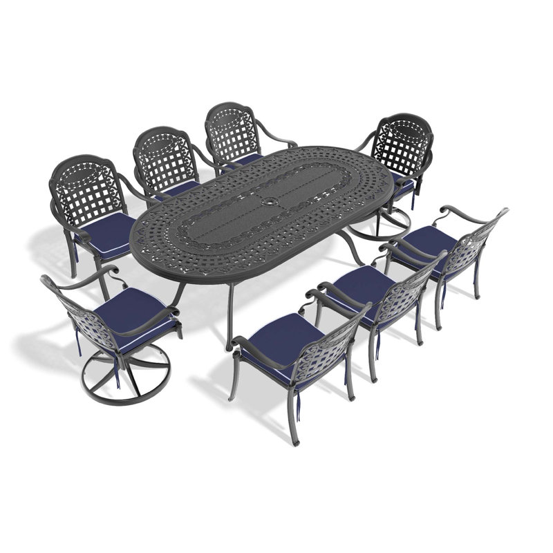 Ensemble de salle à manger 9 pièces en fonte d'aluminium toutes saisons comprenant 2 chaises pivotantes, 6 chaises de salle à manger et une table ovale avec cadre noir (Identique à: W1710S00472)