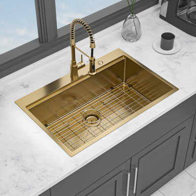 Drop - In Gold Kitchen Sink 33" X 22" 16 Gauge T304 Stainless Steel, Workstation Feature, Easy To Clean And Maintain, Coating 3Mm Pad, Package With Drying Rack Colander Of Built Workspace Ledge,