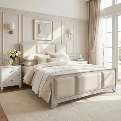 Queen Size Wooden Bed Frame with Upholstered Headboard, White Wood & Beige Fabric, Solid Wood Platform,  Modern Farmhouse Style