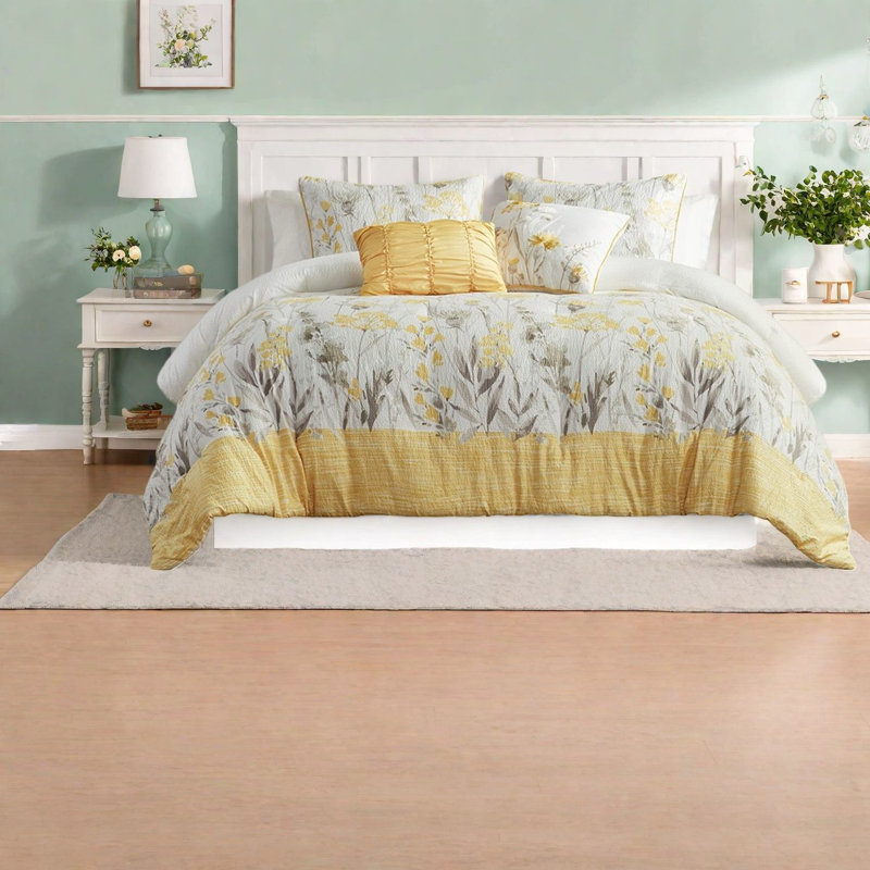 Modern Farmhouse Bedding Sets, Yellow Polyester Comforter Set With Decorative Throw Pillows For Full/queen