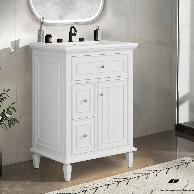 24" Bathroom Vanity Cabinet With Ceramic Sink, White