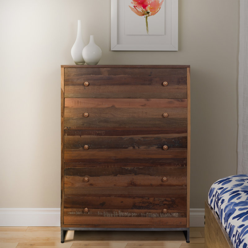 Vern Reclaimed Hardwood Tallboy Chest – Distressed Caramel Wood 6-Drawer Storage 