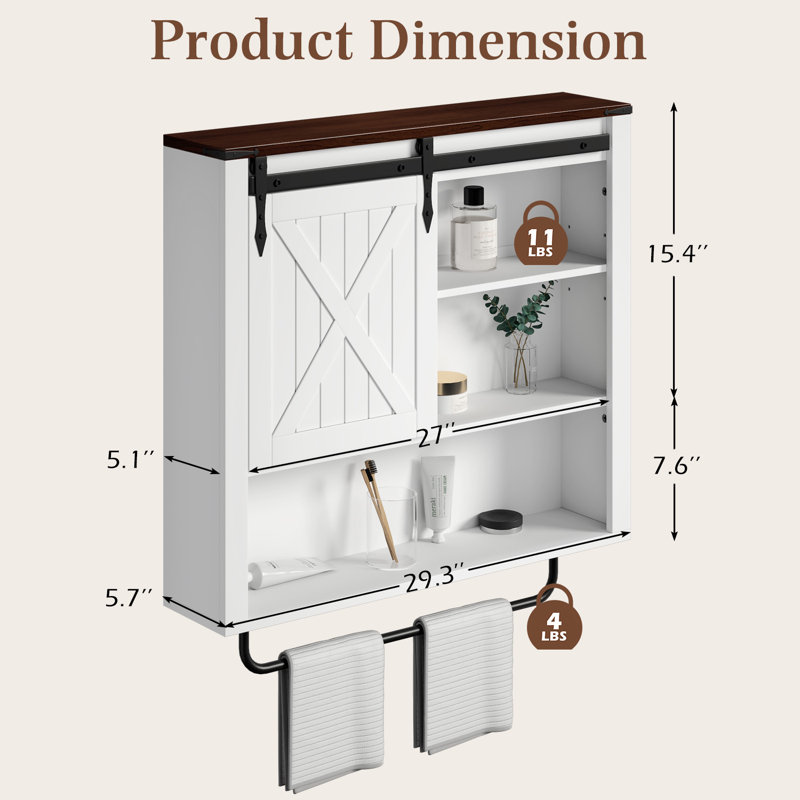 Farmhouse Wall-Mounted Bathroom Cabinet - Wood Medicine Cabinet with Sliding Barn Door, Adjustable Shelf, and Towel Bar for Shower Room and Kitchen