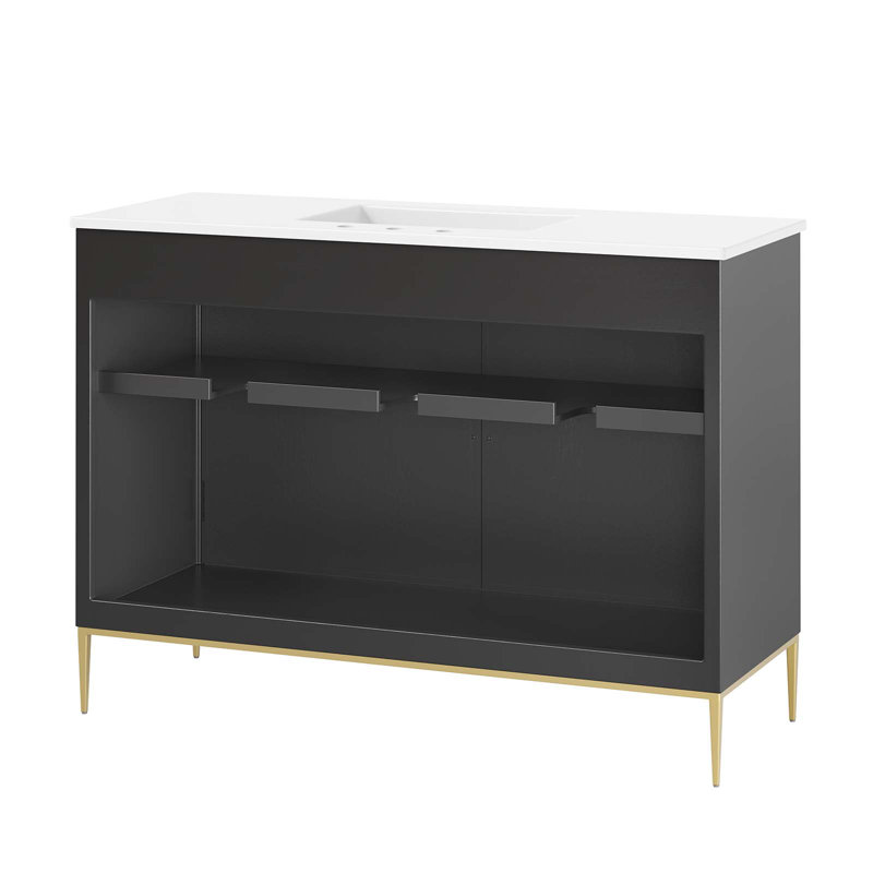 Awaken 48" Black and White Double Sink Bathroom Vanity with Gold Accents