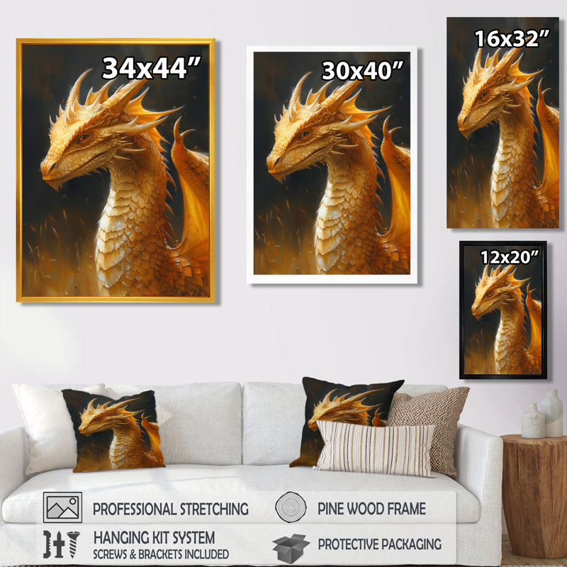 Jaune, noir, ailes dorées, dragon, dragon, art mural, salon, Toile avec cadre flottant noir, H 20 po x l 12 po x P 1 po