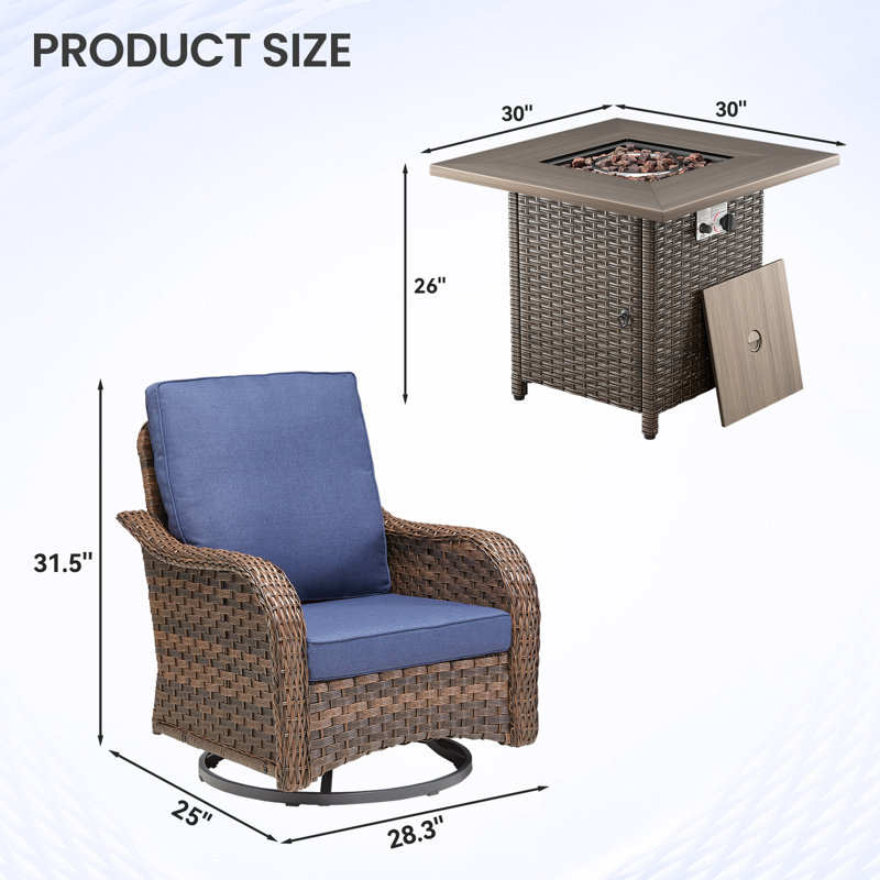 Ensemble de conversation d'extérieur en osier avec coussins confortables 5 pièces, Bleu