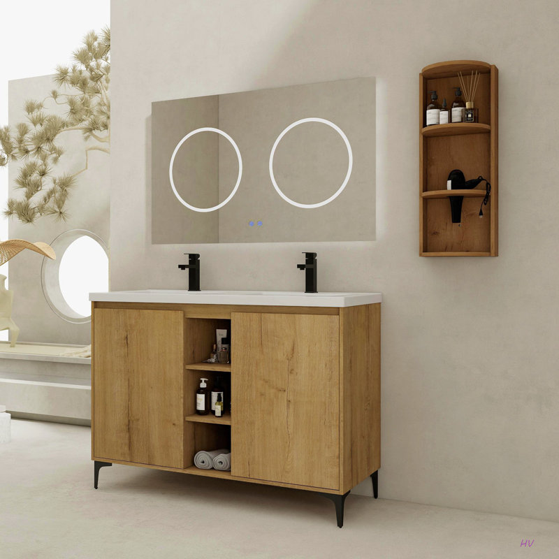 Meuble-lavabo autoportant 48 po avec double lavabo et support de rangement, portes à fermeture douce, armoire combinée (KD-Packing)