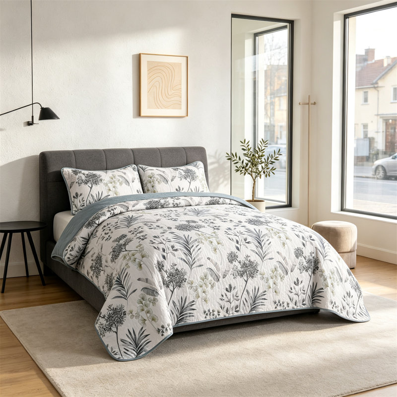 Ensemble de courtepointe à motif floral botanique Queen, couvre-lit en microfibre douce, toutes saisons